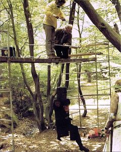 Behind the scenes photo of the iconic Black Knight scene